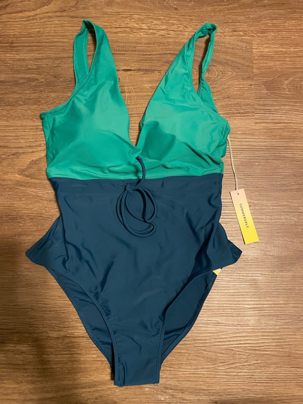 NWT Summersalt Navy and Green Tie Waist One Piece Swimsuit low back deep V-neck